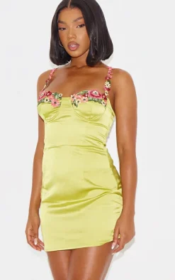 Olive Satin Floral Applique Underwired Strappy Mini Dress