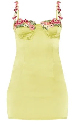 Olive Satin Floral Applique Underwired Strappy Mini Dress