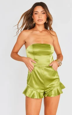 Olive Satin Frill Leg Bandeau Romper