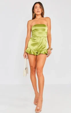 Olive Satin Frill Leg Bandeau Romper