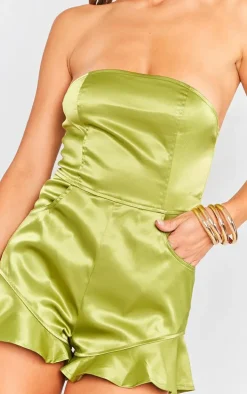 Olive Satin Frill Leg Bandeau Romper