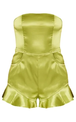 Olive Satin Frill Leg Bandeau Romper