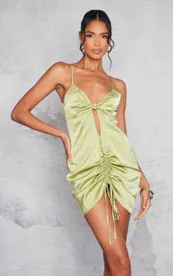 Olive Satin Knot Bust Detail Cut Out Ruched Bodycon Dress