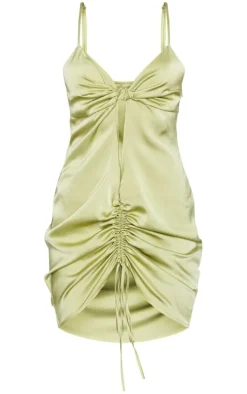 Olive Satin Knot Bust Detail Cut Out Ruched Bodycon Dress