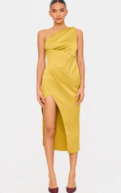 Olive Satin One Shoulder Pleat Detail Midi Dress