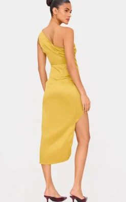 Olive Satin One Shoulder Pleat Detail Midi Dress