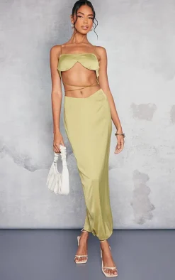 Olive Satin Underwired Strappy Cut Out Midaxi Dress