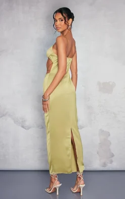 Olive Satin Underwired Strappy Cut Out Midaxi Dress