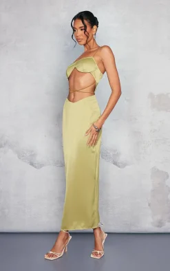 Olive Satin Underwired Strappy Cut Out Midaxi Dress