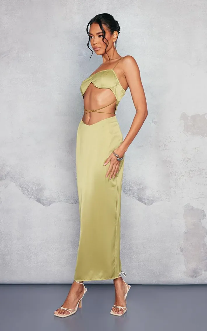 Olive Satin Underwired Strappy Cut Out Midaxi Dress