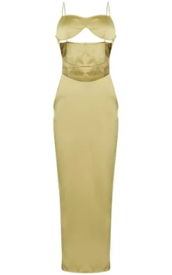 Olive Satin Underwired Strappy Cut Out Midaxi Dress