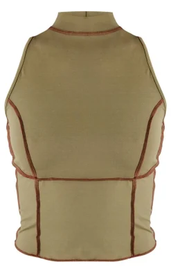 Olive Seam Detail High Neck Sleeveless Long Top