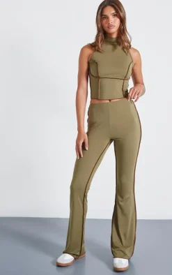 Olive Seam Detail Mid Rise Skinny Flared Pants