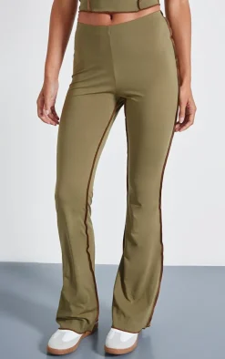 Olive Seam Detail Mid Rise Skinny Flared Pants