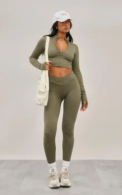 Olive Seamless Cross Front Seam Detail Leggings