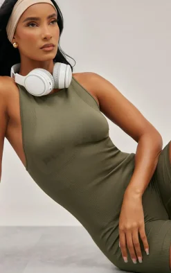 Olive Seamless Strappy Ruched Bum Gym Unitard