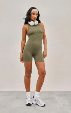 Olive Seamless Strappy Ruched Bum Gym Unitard