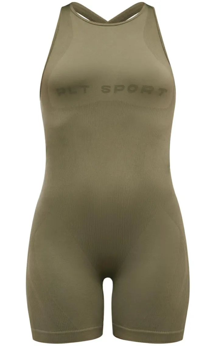 Olive Seamless Strappy Ruched Bum Gym Unitard