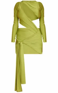 Olive Slinky Cut Out Long Sleeve Knot Bodycon Dress
