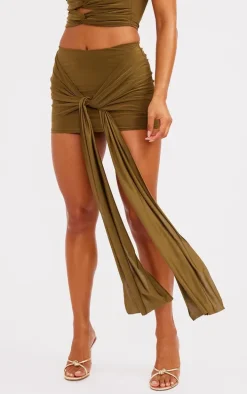 Olive Slinky Draped Front Mini Skirt