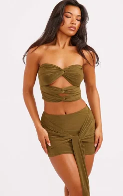Olive Slinky Draped Front Mini Skirt