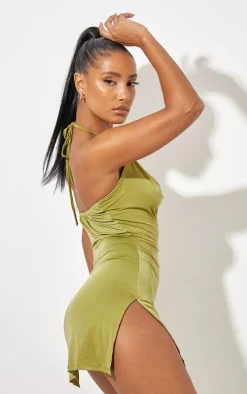 Olive Slinky Halterneck Cowl Bodycon Dress