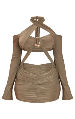 Olive Slinky Long Sleeve Twm Detail Cut Out Mini Dress