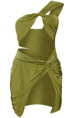 Olive Slinky One Shoulder Twist Skirt Extreme Cut Out Bodycon Dress