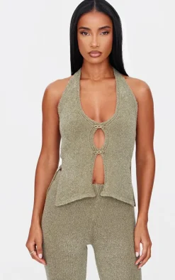 Olive Soft Bobble Knit Gold Trim Vest Top