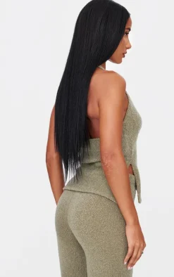 Olive Soft Bobble Knit Gold Trim Vest Top