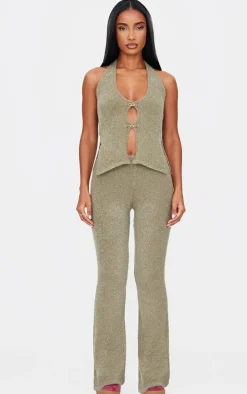 Olive Soft Bobble Knit Wide Leg Pants