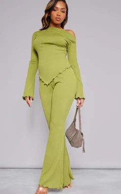 Olive Soft Rib Mid Rise Skinny Straight Pants