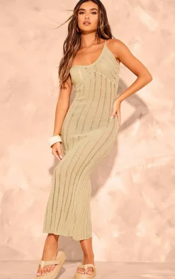 Olive Stripe Crochet Knit Asymmetric Neck Maxi Dress
