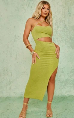 Olive Textured Asymmetric Strappy Cut Out Midaxi Dress