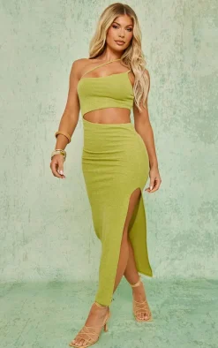 Olive Textured Asymmetric Strappy Cut Out Midaxi Dress