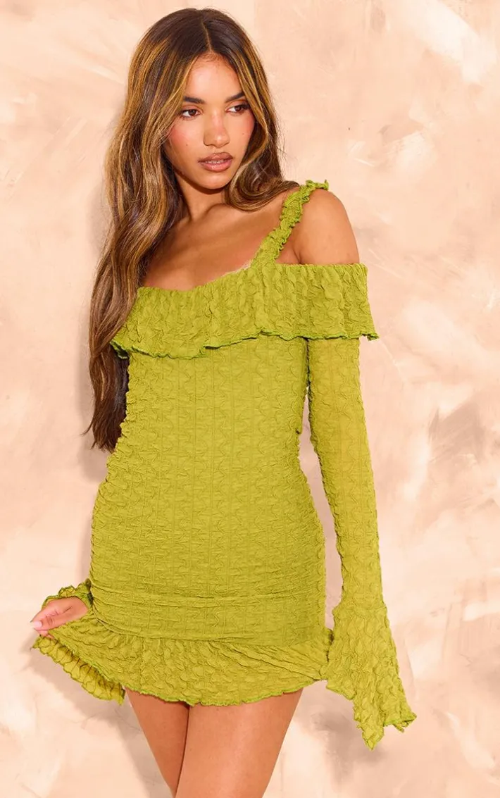 Olive Textured Bardot Frill Hem Bodycon Dress