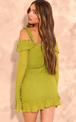 Olive Textured Bardot Frill Hem Bodycon Dress