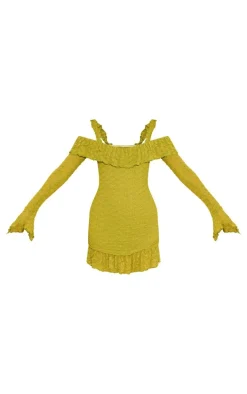 Olive Textured Bardot Frill Hem Bodycon Dress