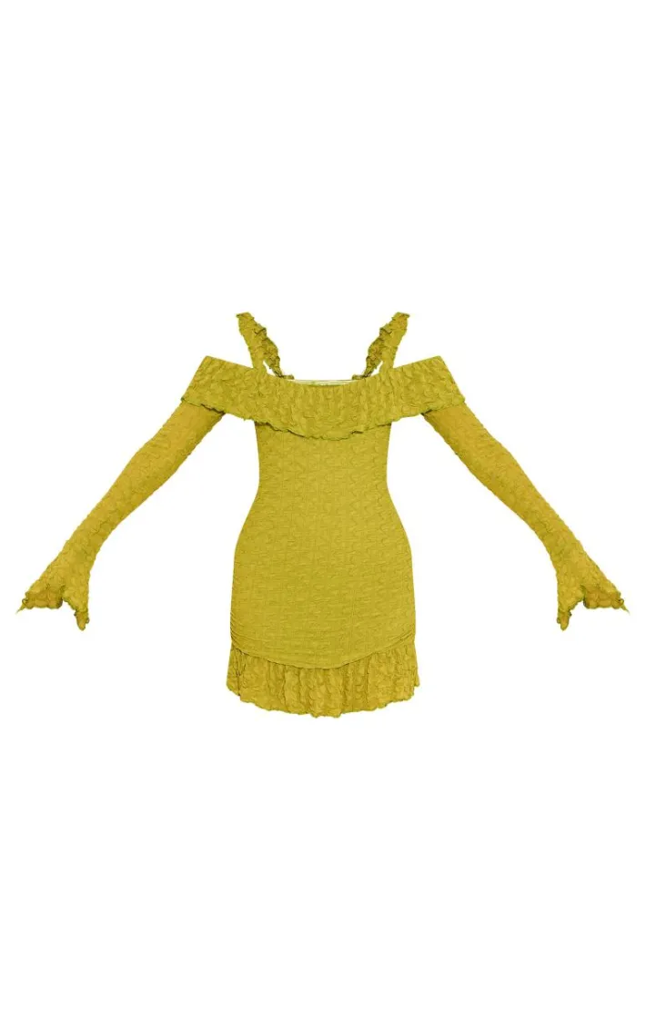 Olive Textured Bardot Frill Hem Bodycon Dress