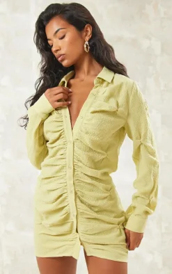 Olive Textured Button Up Ruched Shirt Dress