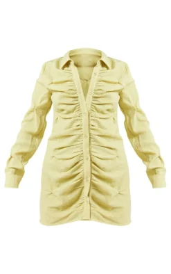 Olive Textured Button Up Ruched Shirt Dress