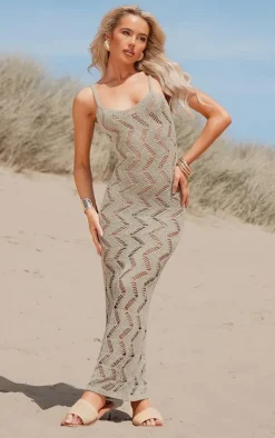 Olive Textured Cut Out Detail Knit Maxi Dress