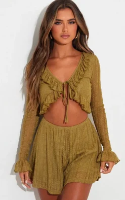Olive Textured Lace Frill Hem Tie Front Romper