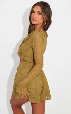 Olive Textured Lace Frill Hem Tie Front Romper