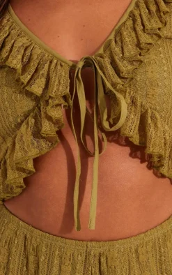 Olive Textured Lace Frill Hem Tie Front Romper