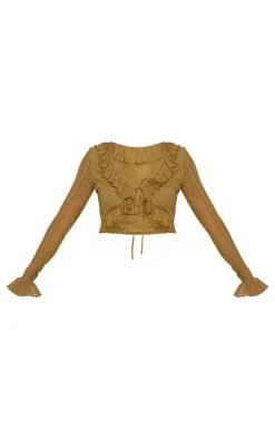 Olive Textured Lace Frill Hem Tie Front Romper