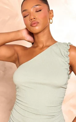 Olive Textured Lettuce Hem One Shoulder Bodycon Dress