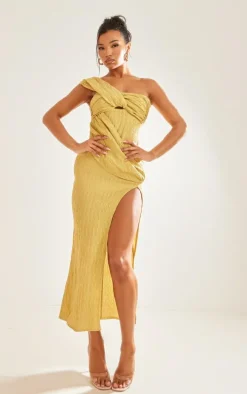 Olive Textured One Shoulder Drape Split Midaxi Dress