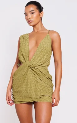 Olive Textured Plunge Knot Detail Bodycon Dress