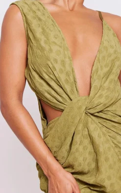 Olive Textured Plunge Knot Detail Bodycon Dress
